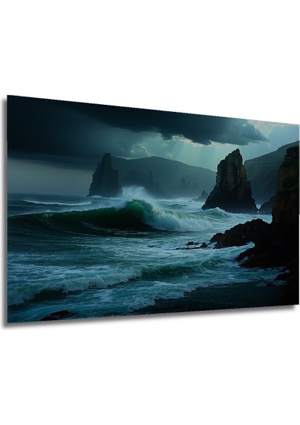Fırtınalı Denizde Yükselen Kayalıklar Yağlı Boya Görünümlü Dekoratif Ahşap Ev/işyeri/ofis Tablo modelleri