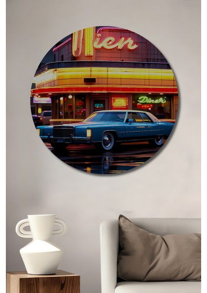 Retro Diner Önünde Klasik Araba Yağlı Boya Görünümlü Dekoratif Ahşap Ev/işyeri/ofis Yuvarlak Tablo
