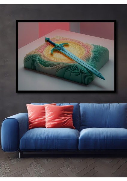 Çerçeve Görünümlü Turkuaz Kılıç Pastel Boya Görünümlü Dekoratif Ahşap Ev/işyeri/ofis Kare Tablo
