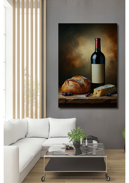 Şarap Peynir Ekmek Üzüm Yağlı Boya Görünümlü Dekoratif Ahşap Ev/işyeri/ofis Kare Tablo