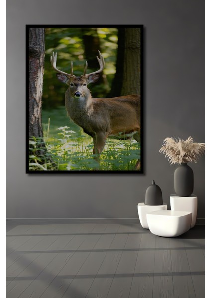 Çerçeve Görünümlü Orman Esintili Geyik Yağlı Boya Görünümlü Dekoratif Ahşap Işyeri/ofis Kare Tablo