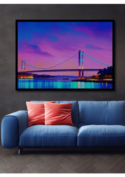 Çerçeve Görünümlü Pembe Gökyüzü Altında Köprü Manzarası Yağlı Boya Görünümlü Ahşap Ofis Tablo