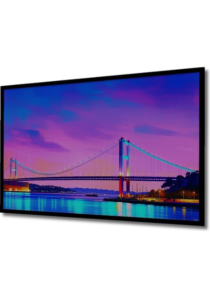 Çerçeve Görünümlü Pembe Gökyüzü Altında Köprü Manzarası Yağlı Boya Görünümlü Ahşap Ofis Tablo fiyatları