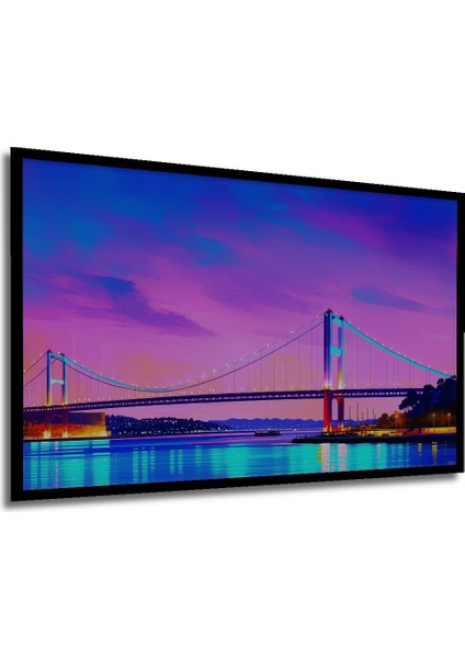 Çerçeve Görünümlü Pembe Gökyüzü Altında Köprü Manzarası Yağlı Boya Görünümlü Ahşap Ofis Tablo modelleri