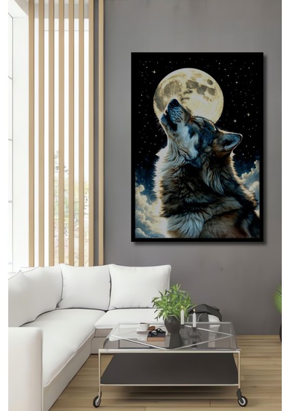 Çerçeve Görünümlü Dolunayda Uluyan Kurt Yağlı Boya Görünümlü Dekoratif Ahşap Işyeri/ofis Kare Tablo