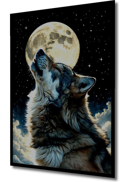 Çerçeve Görünümlü Dolunayda Uluyan Kurt Yağlı Boya Görünümlü Dekoratif Ahşap Işyeri/ofis Kare Tablo fiyatları