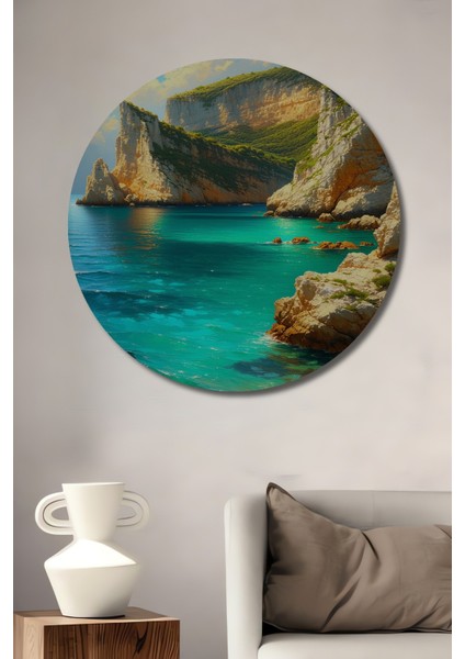 Turkuaz Denizli Yağlı Boya Görünümlü Dekoratif Ahşap Ev/işyeri/ofis Yuvarlak Tablo