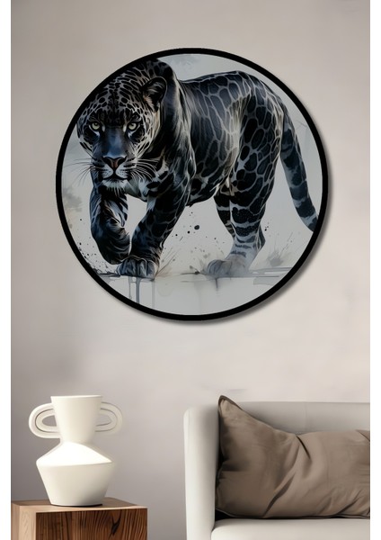 Çerçeve Görünümlü Siyah Panter Sulu Boya Görünümlü Dekoratif Ahşap Dekoratif Ofis Yuvarlak Tablo