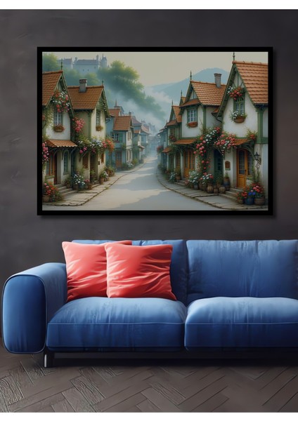 Çerçeve Görünümlü Çiçek Bahçeli Evler Yağlı Boya Görünümlü Dekoratif Ahşap Işyeri/ofis Kare Tablo
