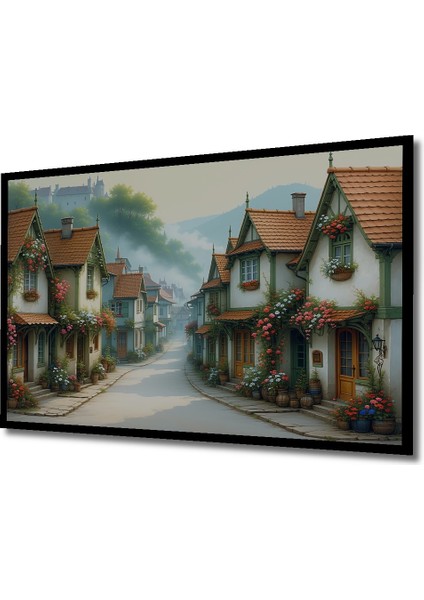 Çerçeve Görünümlü Çiçek Bahçeli Evler Yağlı Boya Görünümlü Dekoratif Ahşap Işyeri/ofis Kare Tablo fiyatları