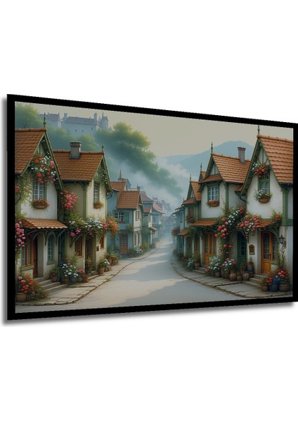 Çerçeve Görünümlü Çiçek Bahçeli Evler Yağlı Boya Görünümlü Dekoratif Ahşap Işyeri/ofis Kare Tablo modelleri
