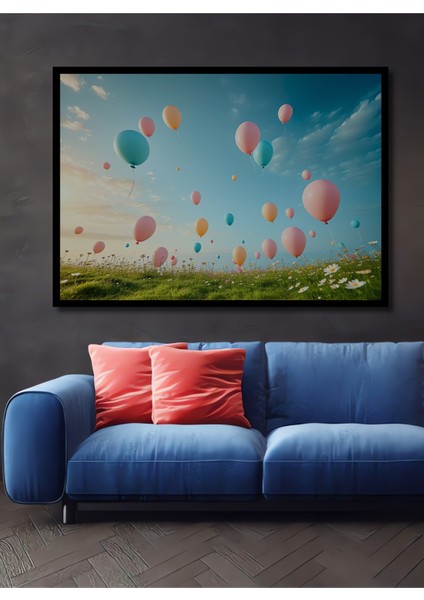 Çerçeve Görünümlü Pastel Renklerde Uçan Balonlar Yağlı Boya Görünümlü Ahşap Ofis Kare Tablo