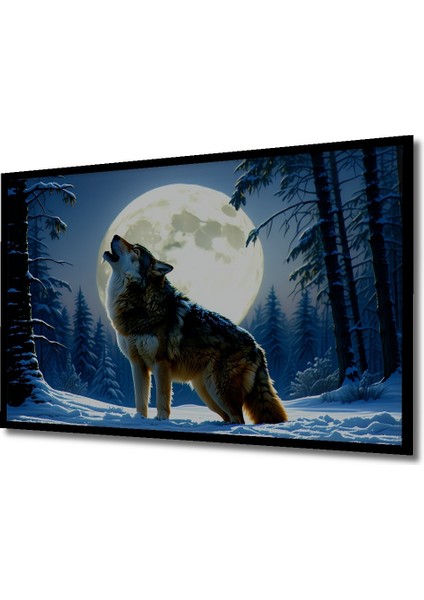Çerçeve Görünümlü Dolunayda Uluyan Kurt Yağlı Boya Görünümlü Dekoratif Ahşap Işyeri/ofis Kare Tablo fiyatları