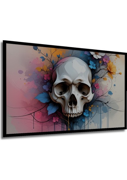 Çerçeve Görünümlü Çiçekli Kafatası Sulu Boya Görünümlü Dekoratif Ahşap Ev/işyeri/ofis Kare Tablo modelleri