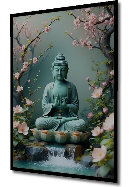 Çerçeve Görünümlü Sakura Çiçekleri Arasında Buda Huzuru Yağlı Boya Görünümlü Ahşap Ofis Tablo fiyatları