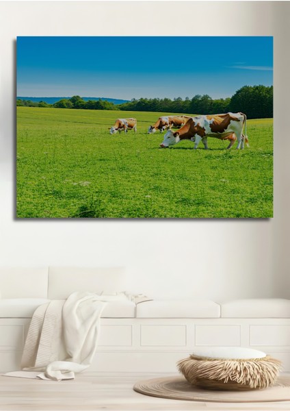 Yeşil Otlakta Inekler Yağlı Boya Görünümlü Dekoratif Ahşap Ev/işyeri/ofis Kare Tablo