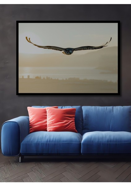 Çerçeve Görünümlü Gün Batımında Şahin Uçuşu Yağlı Boya Görünümlü Dekoratif Ahşap Ofis Kare Tablo