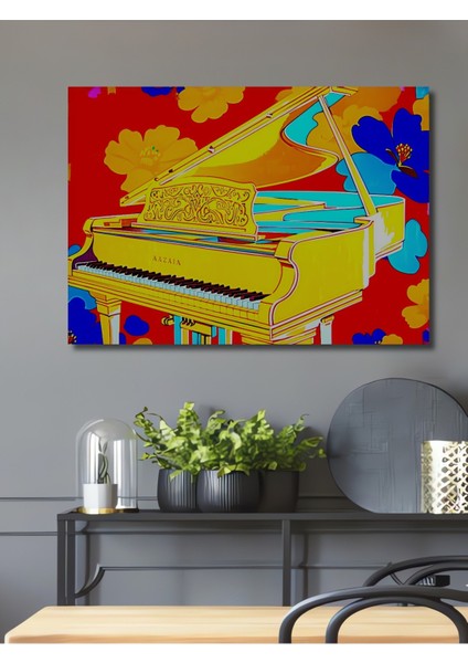 Çiçekler Arasında Sarı Piyano Pop Art Yağlı Boya Görünümlü Dekoratif Ahşap Ev/işyeri/ofis Tablo