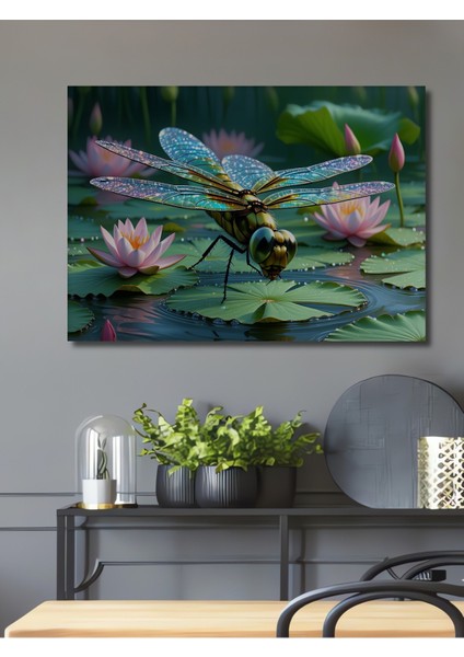 Sulu Boya Görünümlü Nilüfer Çiçeği ve Işıltılı Yusufçuk Dekoratif Ahşap Ev/işyeri/ofis Kare Tablo