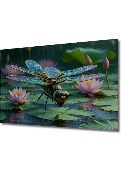 Sulu Boya Görünümlü Nilüfer Çiçeği ve Işıltılı Yusufçuk Dekoratif Ahşap Ev/işyeri/ofis Kare Tablo fiyatları