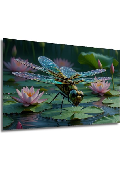 Sulu Boya Görünümlü Nilüfer Çiçeği ve Işıltılı Yusufçuk Dekoratif Ahşap Ev/işyeri/ofis Kare Tablo modelleri