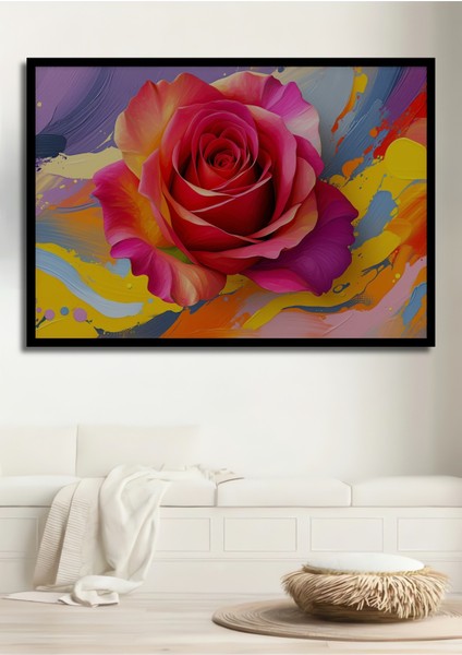 Çerçeve Görünümlü Modern Sanat Dokunuşlu Göz Alıcı Gül Yağlı Boya Görünümlü Ahşap Ofis Kare Tablo