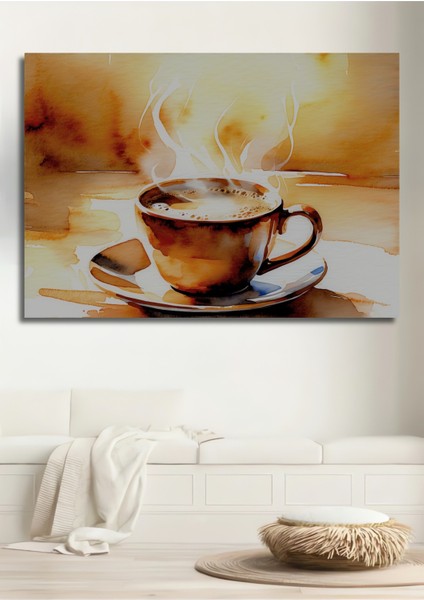 Buharlı Kahve Keyfi Sulu Boya Görünümlü Dekoratif Ahşap Ev/işyeri/ofis Kare Tablo