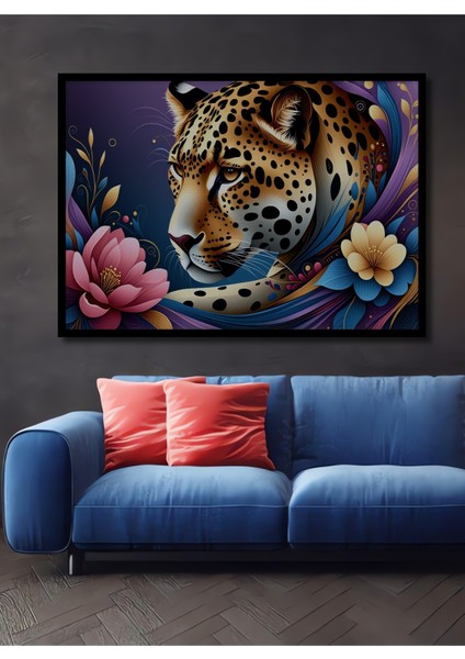 Çerçeve Görünümlü Çiçeklerle Dans Eden Leopar Yağlı Boya Görünümlü Ofis Dekoratif Ahşap Kare Tablo