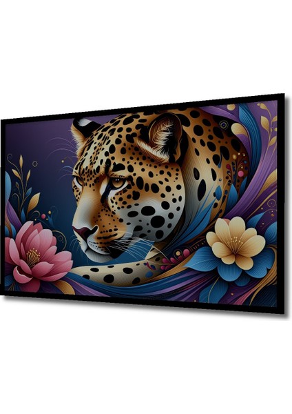 Çerçeve Görünümlü Çiçeklerle Dans Eden Leopar Yağlı Boya Görünümlü Ofis Dekoratif Ahşap Kare Tablo fiyatları