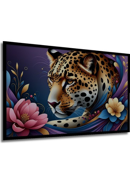 Çerçeve Görünümlü Çiçeklerle Dans Eden Leopar Yağlı Boya Görünümlü Ofis Dekoratif Ahşap Kare Tablo modelleri