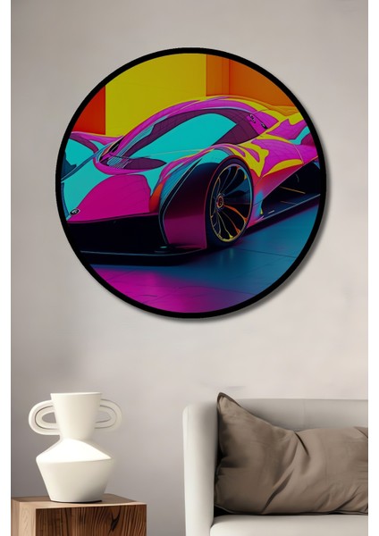 Çerçeve Görünümlü Fütüristik Neon Araba Modern Sanat Yağlı Boya Görünümlü Ahşap Ofis Tablo