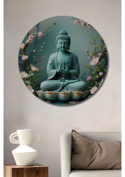Sakura Çiçekleri Arasında Buda Huzuru Yağlı Boya Görünümlü Dekoratif Ahşap Ev/işyeri/ofis Tablo