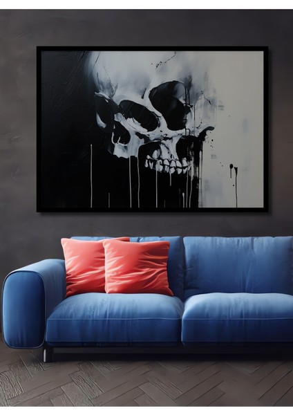Çerçeve Görünümlü Siyah Beyaz Soyut Kafatası Yağlı Boya Görünümlü Dekoratif Ahşap Ofis Kare Tablo