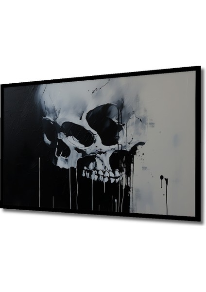 Çerçeve Görünümlü Siyah Beyaz Soyut Kafatası Yağlı Boya Görünümlü Dekoratif Ahşap Ofis Kare Tablo fiyatları