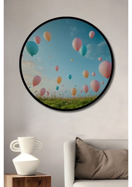 Çerçeve Görünümlü Pastel Renklerde Uçan Balonlar Yağlı Boya Görünümlü Ahşap Ofis Yuvarlak Tablo
