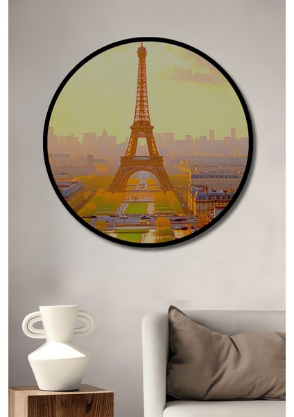 Çerçeve Görünümlü Eiffel Kulesi Yağlı Boya Görünümlü Paris Manzarası Ahşap Ofis Yuvarlak Tablo