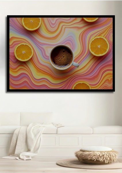 Çerçeve Görünümlü Turunçgiller ve Kahve Rüyası Yağlı Boya Görünümlü Dekoratif Ahşap Ofis Kare Tablo
