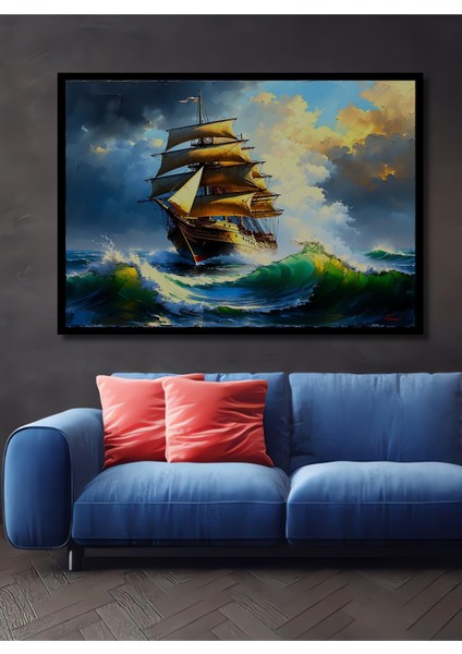 Çerçeve Görünümlü Altın Yelkenli Fırtına Yağlı Boya Görünümlü Dekoratif Ahşap Ofis Kare Tablo