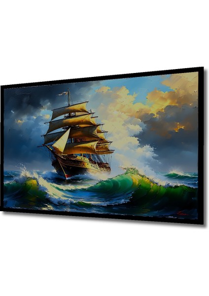 Çerçeve Görünümlü Altın Yelkenli Fırtına Yağlı Boya Görünümlü Dekoratif Ahşap Ofis Kare Tablo fiyatları