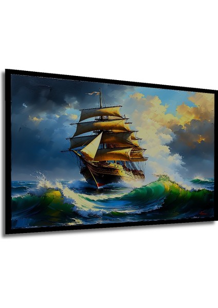 Çerçeve Görünümlü Altın Yelkenli Fırtına Yağlı Boya Görünümlü Dekoratif Ahşap Ofis Kare Tablo modelleri