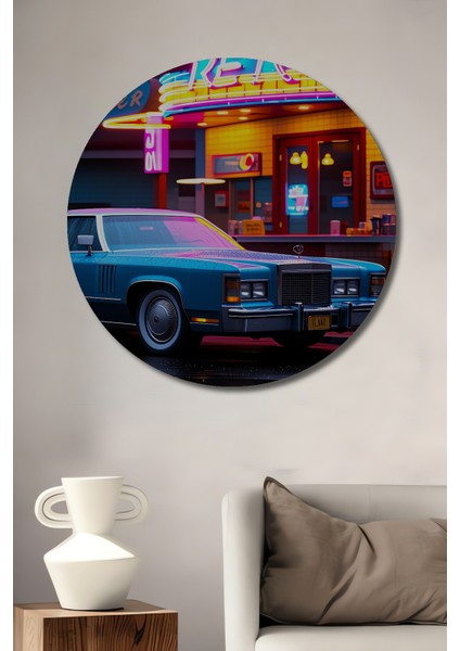 Retro Diner Rüya Otomobil Yağlı Boya Görünümlü Dekoratif Ahşap Ev/işyeri/ofis Yuvarlak Tablo