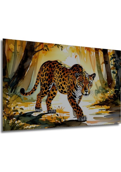 Ormanda Sulu Boya Görünümlü Jaguar Ev/işyeri/ofis Dekoratif Ahşap Kare Tablosu modelleri