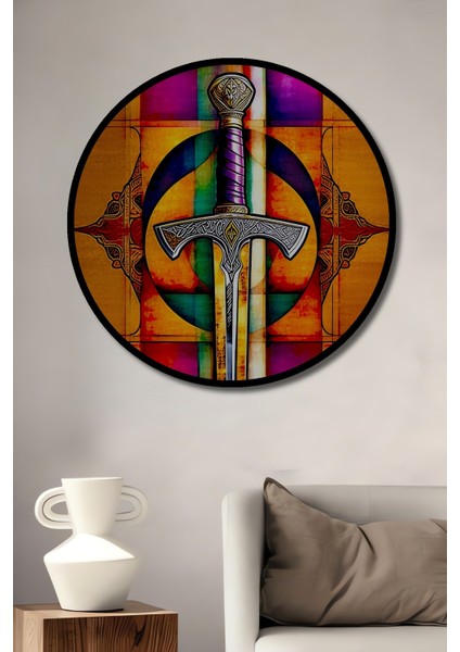 Çerçeve Görünümlü Eşsiz Kılıç Sanatı Yağlı Boya Görünümlü Dekoratif Ahşap Ofis Yuvarlak Tablo