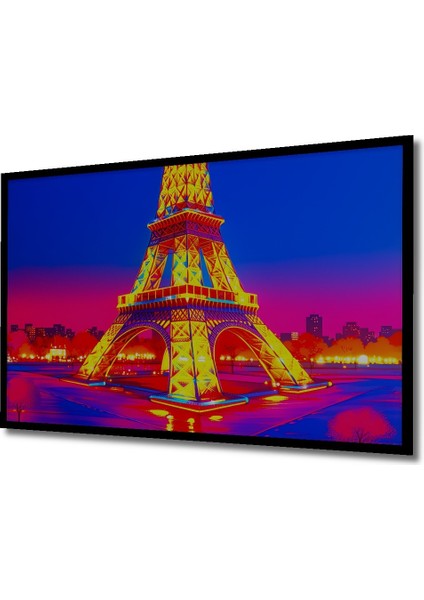 Çerçeve Görünümlü Neon Işıklar Altında Eyfel Kulesi Yağlı Boya Görünümlü Ahşap Ofis Kare Tablo fiyatları