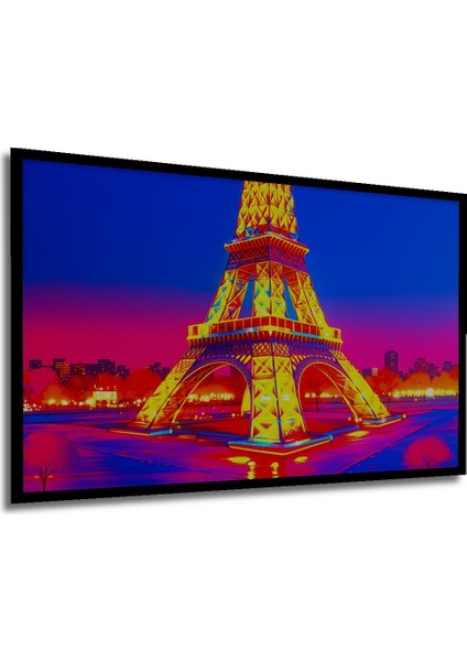 Çerçeve Görünümlü Neon Işıklar Altında Eyfel Kulesi Yağlı Boya Görünümlü Ahşap Ofis Kare Tablo modelleri
