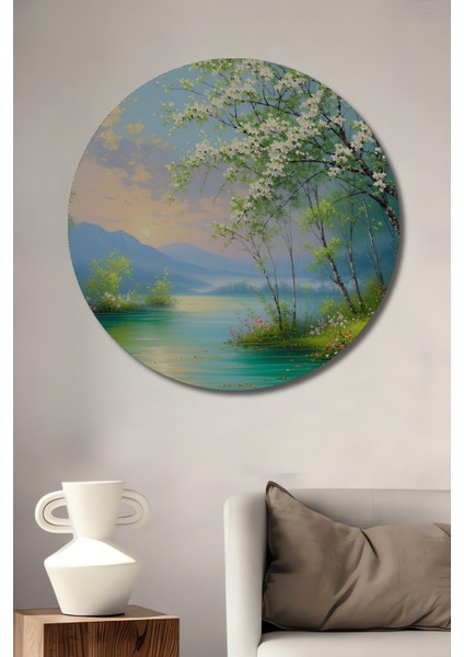 Bahar Rüyası Yağlı Boya Görünümlü Dekoratif Ahşap Ev/işyeri/ofis Yuvarlak Tablo