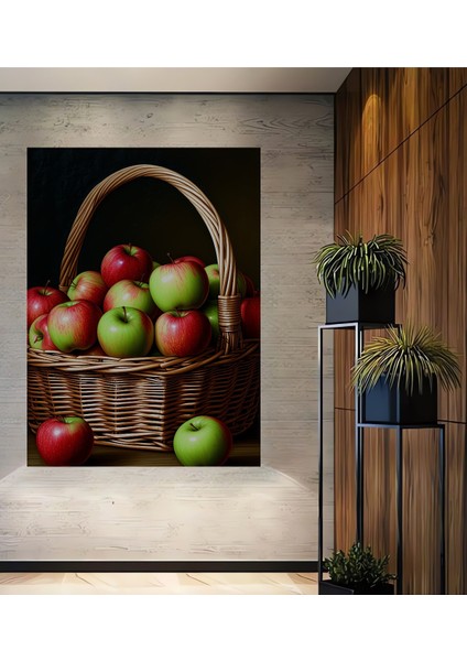 Elma Sepeti Yağlı Boya Görünümlü Dekoratif Ahşap Ev/işyeri/ofis Kare Tablo