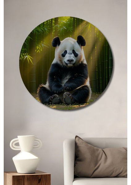 Bambu Ormanında Sevimli Panda Yağlı Boya Görünümlü Dekoratif Ahşap Ev/işyeri/ofis Yuvarlak Tablo