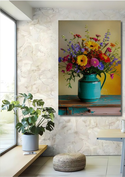 Vazoda Renkli Çiçekler Yağlı Boya Görünümlü Dekoratif Ahşap Ev/işyeri/ofis Kare Tablo