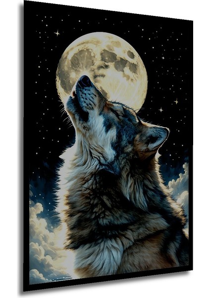 Çerçeve Görünümlü Dolunayda Uluyan Kurt Yağlı Boya Görünümlü Dekoratif Ahşap Işyeri/ofis Kare Tablo modelleri